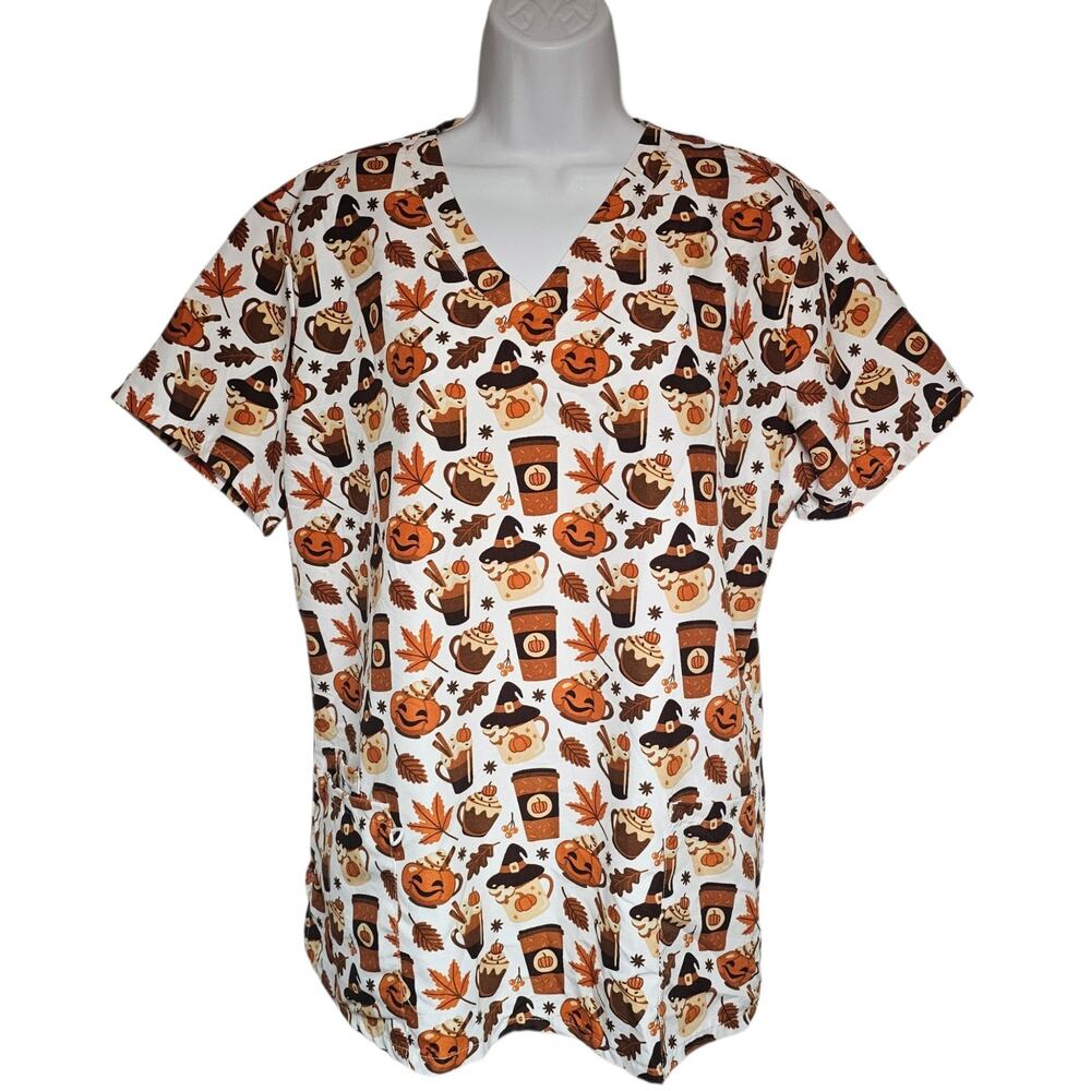 MicroFlex by Elite Med Thanksgiving Scrub Top Women's XL Autumn Leaves Latte